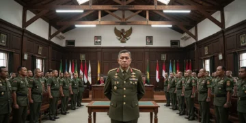 MA. Untung, seorang pria berpari formal dalam seragam TNI, berdiri dengan tangan di belakang punggungnya di dalam ruang sidang. Ruangan itu serius dan dipenuhi dengan personel TNI dalam berbagai tingk