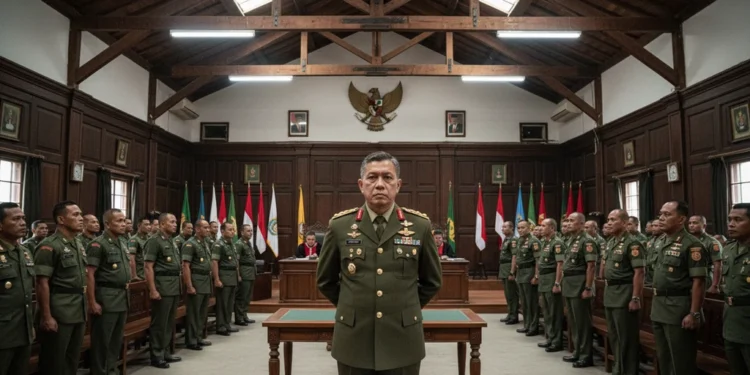 Putusan MK Seputar Nasib Pidana Prajurit TNI MA. Untung, seorang pria berpari formal dalam seragam TNI, berdiri dengan tangan di belakang punggungnya di dalam ruang sidang. Ruangan itu serius dan dipenuhi dengan personel TNI dalam berbagai tingk