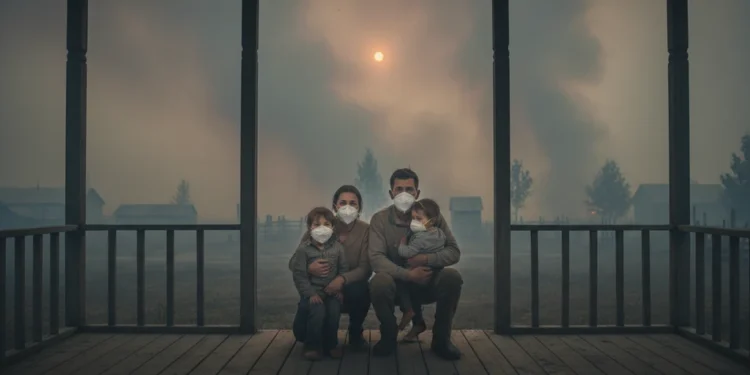 Bahaya Asap Karhutla bagi Kesehatan di Indonesia Sebuah desa pedesaan terpapar kabut tebal yang ditiupkan oleh asap dari kebakaran hutan yang terjadi di sekitarnya. Matahari, yang terpotong oleh asap tebal, menciptakan cahaya kuning pudar. Sebuah ke