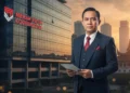 Skenario Reformasi: Senjata Coretax 2026 dan Jalan Terang Menuju Pertumbuhan 6% H. Gunadi, dalam pakaian formal, berdiri di depan gedung kantor modern dengan plang yang tertulis 'Koperasi Desa Merah Putih'. Pemandangan kota terang dengan cahaya terbenam yang menyinari kota, menam