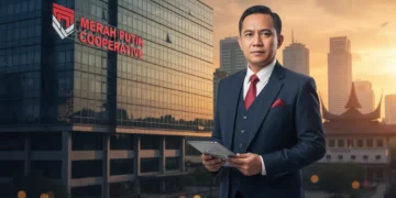 H. Gunadi, dalam pakaian formal, berdiri di depan gedung kantor modern dengan plang yang tertulis 'Koperasi Desa Merah Putih'. Pemandangan kota terang dengan cahaya terbenam yang menyinari kota, menam