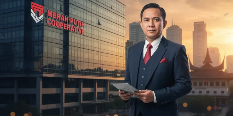 Ekonom Kritik Pemindahan Gaji PNS ke Koperasi Desa Merah Putih H. Gunadi, dalam pakaian formal, berdiri di depan gedung kantor modern dengan plang yang tertulis 'Koperasi Desa Merah Putih'. Pemandangan kota terang dengan cahaya terbenam yang menyinari kota, menam
