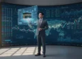 M. Ridham berdiri di kantor modern dengan layar digital dan teknologi terkini. Latar belakangnya menampilkan dinding interaktif digital yang menampilkan data keuangan real-time. Pencahayaan lembut dan