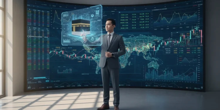 Mengawal Keuangan Haji Indonesia: Adaptasi di Zaman Modern M. Ridham berdiri di kantor modern dengan layar digital dan teknologi terkini. Latar belakangnya menampilkan dinding interaktif digital yang menampilkan data keuangan real-time. Pencahayaan lembut dan
