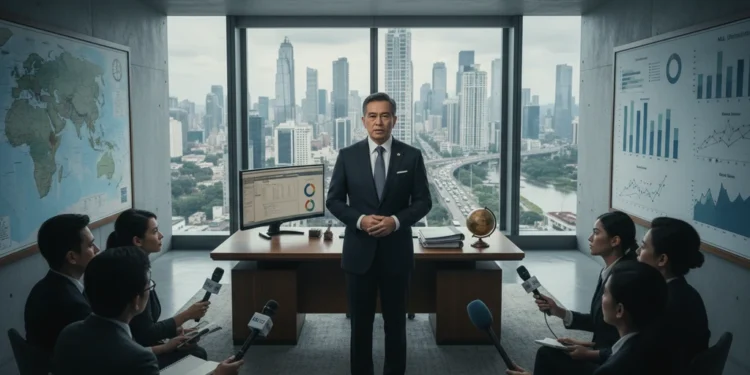 Ketua Banggar DPR Kritik MSCI atas Penilaian Pasar Modal Indonesia MA. Untung, dalam pakaian formal, berdiri dengan yakin di ruang kerja yang luas dan terang dengan jendela besar yang menampilkan pemandangan kota yang ramai. Meja kerjanya yang modern dengan komputer
