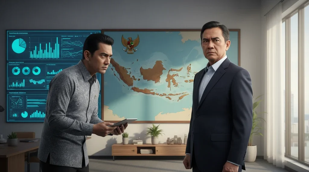 Seorang pejabat senior, mungkin MA. Untung, berdiri di ruang kerja modern dengan layar besar menampilkan data dan grafik. Dia sedang berbicara serius dengan seorang penyelidik KPK. Latar belakang mena