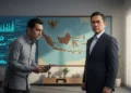 Bantuan Bencana Luar Negeri Kena Pajak? Ini Penjelasannya Seorang pejabat senior, mungkin MA. Untung, berdiri di ruang kerja modern dengan layar besar menampilkan data dan grafik. Dia sedang berbicara serius dengan seorang penyelidik KPK. Latar belakang mena