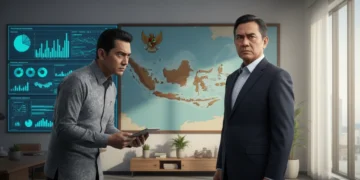Seorang pejabat senior, mungkin MA. Untung, berdiri di ruang kerja modern dengan layar besar menampilkan data dan grafik. Dia sedang berbicara serius dengan seorang penyelidik KPK. Latar belakang mena