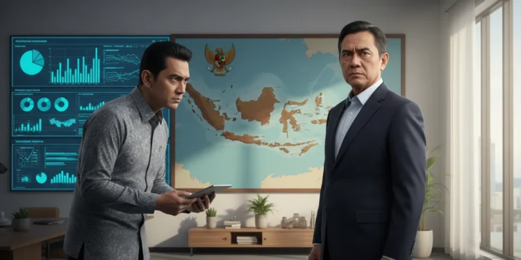 Seorang pejabat senior, mungkin MA. Untung, berdiri di ruang kerja modern dengan layar besar menampilkan data dan grafik. Dia sedang berbicara serius dengan seorang penyelidik KPK. Latar belakang mena