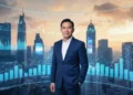 Ekonom Kritik Pemindahan Gaji PNS ke Koperasi Desa Merah Putih H. Gunadi, dalam pakaian formal, berdiri di depan layar digital yang menampilkan grafik dan diagram. Layar tersebut terlihat terang dengan cahaya biru lembut yang menyoroti wajahnya. Latar belakang me