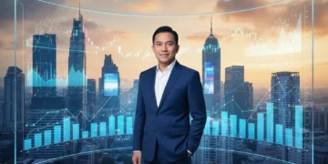 H. Gunadi, dalam pakaian formal, berdiri di depan layar digital yang menampilkan grafik dan diagram. Layar tersebut terlihat terang dengan cahaya biru lembut yang menyoroti wajahnya. Latar belakang me