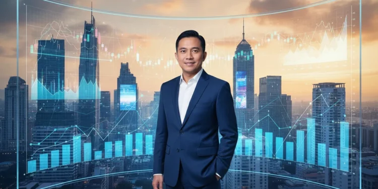 Menko Airlangga: Ekonomi Digital Jadi Mesin Pertumbuhan 2027 H. Gunadi, dalam pakaian formal, berdiri di depan layar digital yang menampilkan grafik dan diagram. Layar tersebut terlihat terang dengan cahaya biru lembut yang menyoroti wajahnya. Latar belakang me