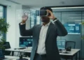 M. Ridham, seorang individu yang mahir teknologi, berdiri di ruang kerja modern yang dipenuhi dengan layar digital dan perangkat canggih. Dia terlihat terfokus pada headset virtual reality, jari-jarin