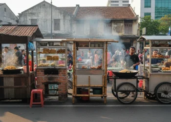 Rencanakan adegan visual yang menampilkan lima warung makanan di dekat Stasiun Pondok Cina. Setiap warung memiliki dekorasi unik, menawarkan berbagai hidangan khas. Ada mie goreng yang panas dan berar