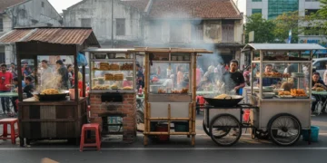 Rencanakan adegan visual yang menampilkan lima warung makanan di dekat Stasiun Pondok Cina. Setiap warung memiliki dekorasi unik, menawarkan berbagai hidangan khas. Ada mie goreng yang panas dan berar