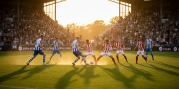Deskripsi adegan visual pertandingan sepak bola antara PEC Zwolle dan Go Ahead Eagles. Stadion penuh dengan penonton dari kedua tim, menciptakan atmosfer yang tegang. Tim PEC Zwolle bermain dengan war
