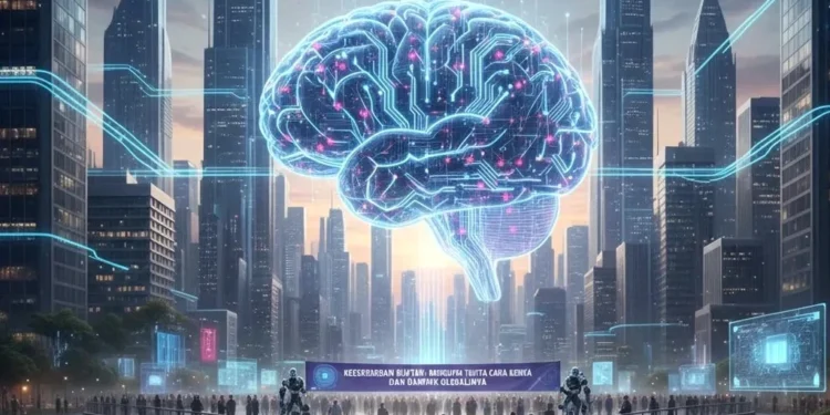 95% Organisasi Indonesia Terdampak Serangan Siber AI, Evolusi Ancaman yang Mengkhawatirkan M. Ridham, a man sitting at a desk in a modern office, studying a computer screen displaying complex AI algorithms. The background shows various digital devices and interconnected computers, symbolizi
