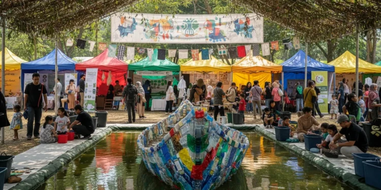 Sampah Plastik Jadi Perahu Unik di Festival Cinta Lingkungan 2026 Sebuah perahu unik terbuat dari sampah plastik di sebuah festival. Perahu ini berwarna-warni dan terbuat dari botol dan tas plastik yang ditempatkan dengan rapi. Di latar belakang, terlihat tenda dan
