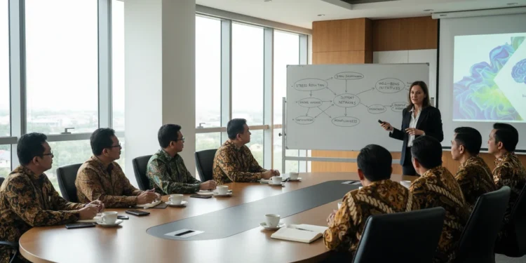 DPRD Kota Bandung Tegaskan Pentingnya Kesehatan Mental di Tempat Kerja Suasana rapat di DPRD Kota Bandung dengan anggota dewan mendengarkan presentasi tentang kesehatan mental di tempat kerja. Ruangan terlihat hangat dengan cahaya alami yang masuk dari jendela besar. Fok