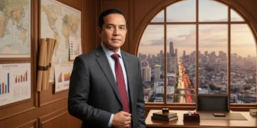 MA. Untung, seorang tokoh politik yang dihormati, berdiri di ruang kerja yang luas yang didekorasi dengan peta dan diagram, menandakan perannya dalam pemerintahan. Di belakangnya, jendela besar menawa