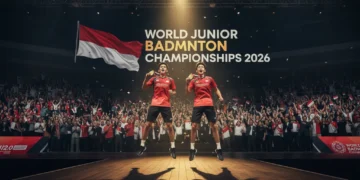 Dua pemain bulu tangkis muda Indonesia berdiri dengan bangga di atas panggung, membawa medali emas. Latar belakang menampilkan spanduk besar dengan nama acara 'Kejuaraan Bulu Tangkis Yunior Dunia 2026