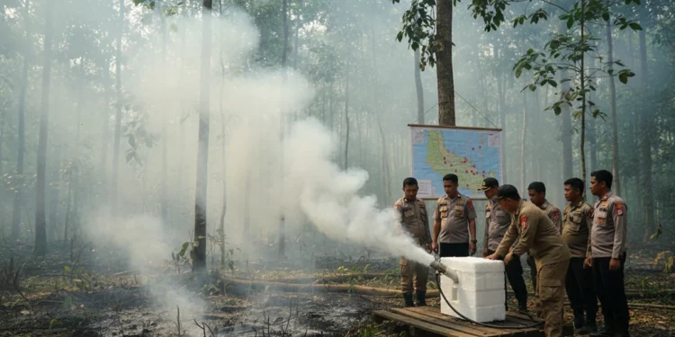 Sebuah hutan padat dengan asap naik dari beberapa area yang masih menyala, menandakan situasi Karhutla (bakar hutan dan lahan) yang terus berlangsung. Di depan, tim ahli lingkungan, termasuk M. Ridham