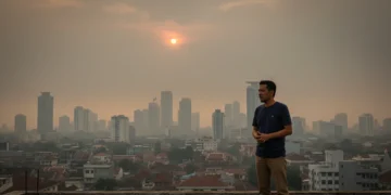 Budi S., a concerned man in casual wear, stands on a rooftop in Makassar, looking out at a hazy cityscape with partially obscured sun. The scene symbolizes poor air quality, with modern and traditiona