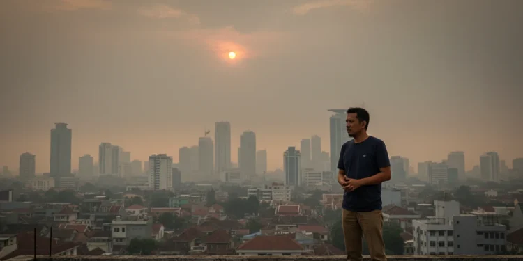 Budi S., a concerned man in casual wear, stands on a rooftop in Makassar, looking out at a hazy cityscape with partially obscured sun. The scene symbolizes poor air quality, with modern and traditiona