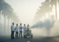Perhumas: Teknologi dan Berpikir Kritis-Empati Harus Beriringan M. Ridham and a team of scientists stand beside a large industrial machine emitting dry ice on a quiet street in Palembang. The scene is set against a backdrop of palm trees and distant buildings, wit