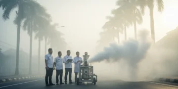 M. Ridham and a team of scientists stand beside a large industrial machine emitting dry ice on a quiet street in Palembang. The scene is set against a backdrop of palm trees and distant buildings, wit