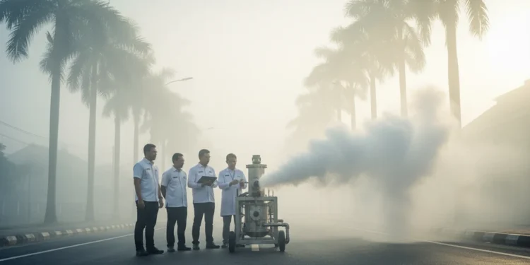 M. Ridham and a team of scientists stand beside a large industrial machine emitting dry ice on a quiet street in Palembang. The scene is set against a backdrop of palm trees and distant buildings, wit