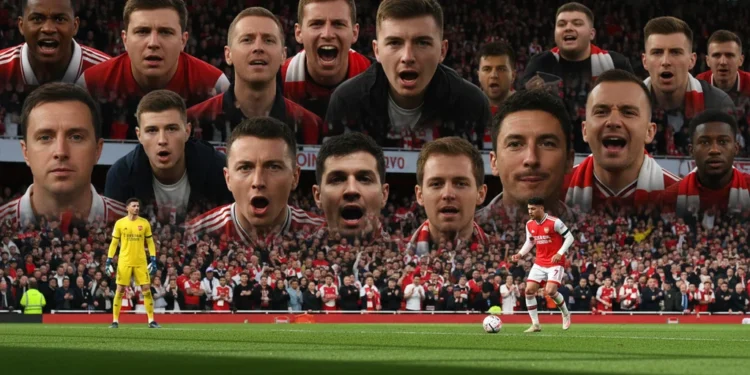 Stadion sepak bola penuh dengan pendukung Arsenal di tribun, wajah mereka menunjukkan determinasi namun juga kecewa. Lapangan hanya terlihat kosong kecuali penjaga gawang dan seorang pemain Arsenal tu