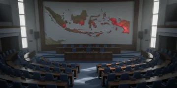 Sebuah gambar yang menampilkan ruang parlemen modern dengan dais pusat dan barisan kursi. Dais pusat kosong, menggambarkan ketidakaktifan Komisi II DPR periode 2019-2024. Peta Indonesia yang rinci dip