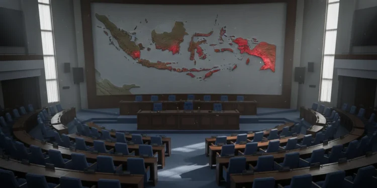 Komisi II DPR 2019-2024 Tidak Pernah Bahas Pasal PKPU yang Loloskan Gibran Sebuah gambar yang menampilkan ruang parlemen modern dengan dais pusat dan barisan kursi. Dais pusat kosong, menggambarkan ketidakaktifan Komisi II DPR periode 2019-2024. Peta Indonesia yang rinci dip