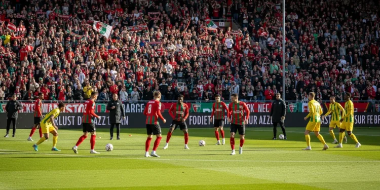 A vibrant scene at Goffertstadion with NEC Nijmegen players warming up, coaches on the sidelines, and enthusiastic fans in the stands. The atmosphere is charged with the anticipation of a competitive