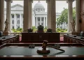 Melihat Penerapan Kebijakan Hemat Energi di Desa Wisata Lantebung The scene depicts the grand entrance of the Constitutional Court, with intricate domes and towering columns, symbolizing the importance of the constitutional review of budget policies. The statues of
