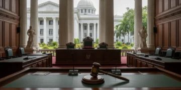 The scene depicts the grand entrance of the Constitutional Court, with intricate domes and towering columns, symbolizing the importance of the constitutional review of budget policies. The statues of