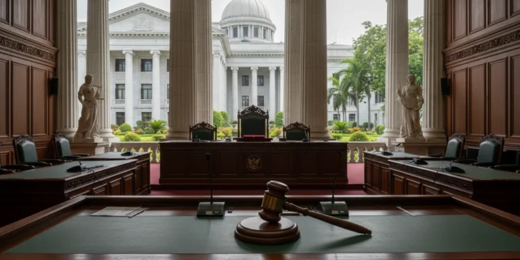 MBG dan KDMP: Uji Konstitusionalitas Kebijakan Anggaran Masuk Babak Baru The scene depicts the grand entrance of the Constitutional Court, with intricate domes and towering columns, symbolizing the importance of the constitutional review of budget policies. The statues of