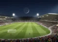 A vibrant sports complex at night, with illuminated soccer fields and a packed grandstand full of excited football fans. The complex features modern architecture and a festive atmosphere, symbolizing