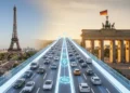 The image shows the Eiffel Tower in Paris and the Brandenburg Gate in Berlin, symbolizing the cooperation between France and Germany in the electric vehicle market. The Eiffel Tower stands tall agains