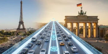 The image shows the Eiffel Tower in Paris and the Brandenburg Gate in Berlin, symbolizing the cooperation between France and Germany in the electric vehicle market. The Eiffel Tower stands tall agains