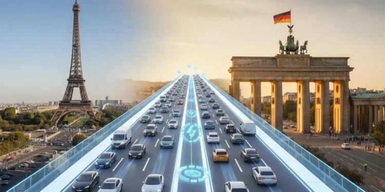 The image shows the Eiffel Tower in Paris and the Brandenburg Gate in Berlin, symbolizing the cooperation between France and Germany in the electric vehicle market. The Eiffel Tower stands tall agains