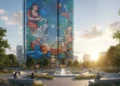Sebuah kota modern dengan menara kaca ramping yang menampilkan lukisan mural yang bersemangat. Lukisan mural tersebut menampilkan kelompok seniman dan warga kota yang terlibat dalam berbagai kegiatan