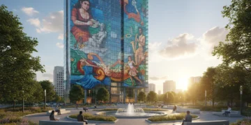 Sebuah kota modern dengan menara kaca ramping yang menampilkan lukisan mural yang bersemangat. Lukisan mural tersebut menampilkan kelompok seniman dan warga kota yang terlibat dalam berbagai kegiatan