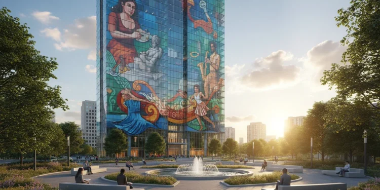 Sebuah kota modern dengan menara kaca ramping yang menampilkan lukisan mural yang bersemangat. Lukisan mural tersebut menampilkan kelompok seniman dan warga kota yang terlibat dalam berbagai kegiatan