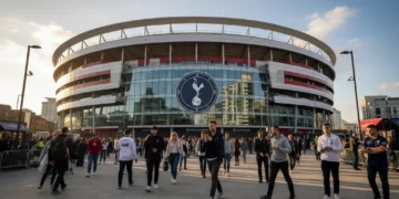 Deskripsi alternatif: The image shows the exterior of White Hart Lane stadium, Tottenham Hotspur's home ground, with its white and red color scheme and prominent club emblem. The modern architecture i