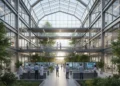 A modern research facility with sleek glass and steel structures, surrounded by greenery, reflecting the cutting-edge nature of the iPhone Duo research since 2011.