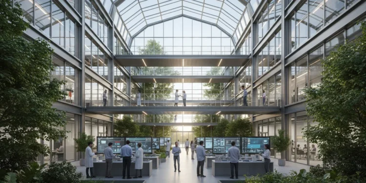 John Ternus Ungkap Riset iPhone Duo Mulai 2011 A modern research facility with sleek glass and steel structures, surrounded by greenery, reflecting the cutting-edge nature of the iPhone Duo research since 2011.