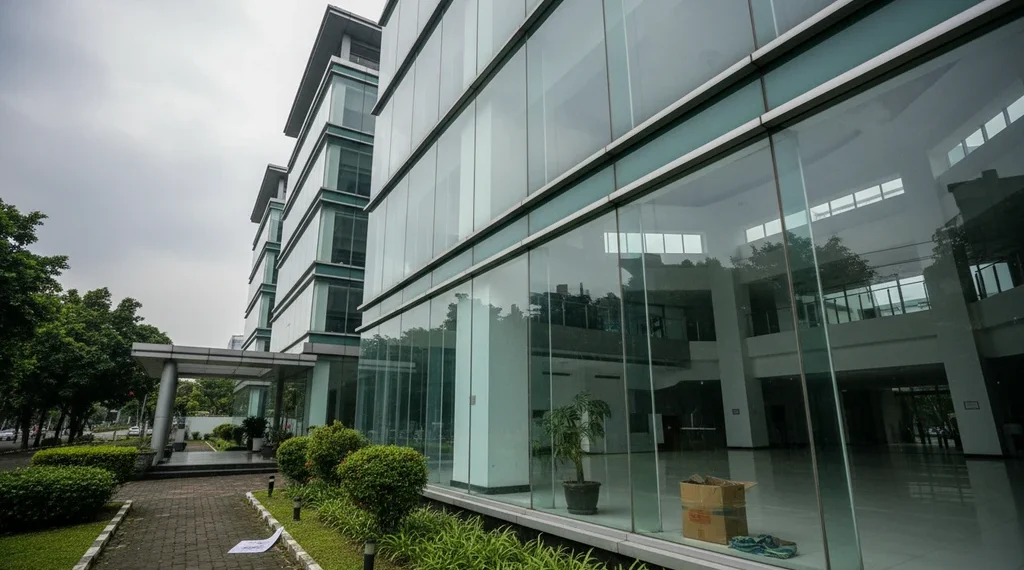 The image shows the Ministry of Women's Empowerment and Child Protection with its modern glass facade, surrounded by greenery. Inside, the atrium is bright and open, but the overcast sky and the build