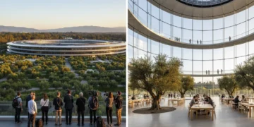 Visual description of the Apple Park in Cupertino, California, showcasing its circular design and modern glass exterior with a serene green landscape and an open atrium filled with natural light.